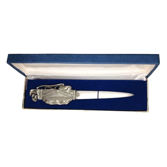 Vintage Golf Bag & Clubs 3D Pewter Golfer Letter Opener Velvet Gift Box Fort USA - Picture 2 of 5